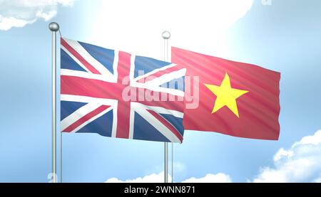 3D-Flagge von Großbritannien und Vietnam auf blauem Himmel mit Sonnenschein Stockfoto