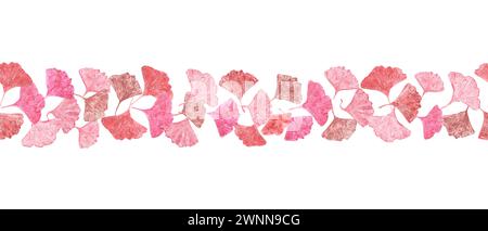 Nahtloser Rand mit Blattprägungen. Zarte rosa Biloba-Blätter. Verziert isoliert auf weißem Hintergrund. Ginkgo, Palme, trockene abstrakte Fächerblätter. Stockfoto