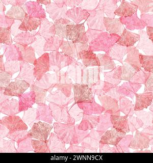 Rosafarbenes Gingko-Blatt. Geometrischer Aufdruck. Nahtloses Muster mit Biloba-Blättern. Verziert isoliert auf weißem Hintergrund. Ginkgo, Palme, trockene abstrakte Fächerblätter. Stockfoto