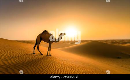 Ein einsames Kamel steht unter der Sonnenuntergangswüste in der Wüste Dammam, Saudi-Arabien. Stockfoto