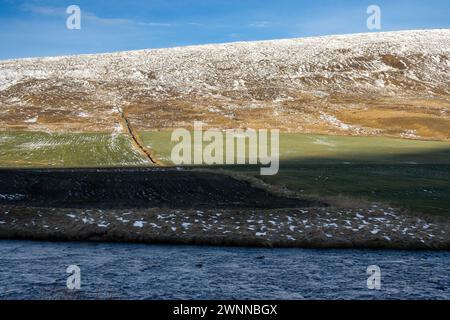 Tiefblaue Farbe des Flusses. Gelb-braunes Herbstgras an der Küste mit Schneepunkten. Grüne Weide und ein Berg mit gelbem Gras und größerem Lagen Stockfoto