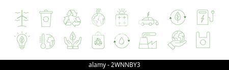 Umweltfreundliche Symbolgruppe. Grüne Symbole mit Objekten, die sich auf die Umgebung beziehen. Elektroauto, ökologischer Landbau, globale Erwärmung. Ökologische Nachhaltigkeit. Stock Vektor