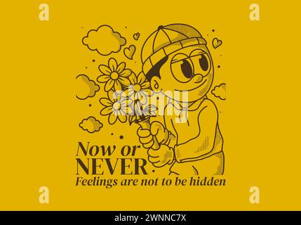 Jetzt oder nie. Vintage-Illustration eines Beanie-Typen, der eine Blume hält Stock Vektor
