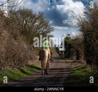 Reitsport in gut sichtbarer Weste auf einem Landweg mit Bäumen und wolkenblauem Himmel Stockfoto