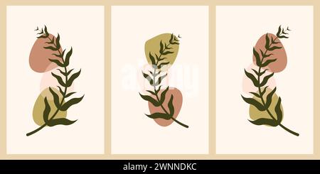 Botanisches Druckset Wandkunst, tropische Blätter und Blumenmuster minimales Design für Home Wall Art, Social Media Post Vorlage, Vektor Illustration Stock Vektor