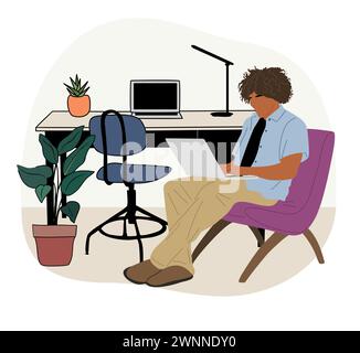 Junger Mann, der auf einem Stuhl sitzt und am Laptop arbeitet. Stock Vektor