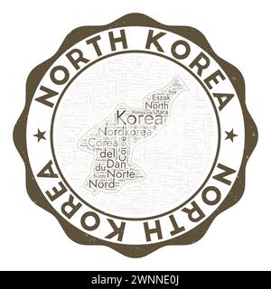 Nordkorea-Logo. Künstlerisches Landabzeichen mit Wortwolke in Form von Nordkorea. Rundes Emblem mit Ländername. Ansprechende Vektordarstellung. Stock Vektor