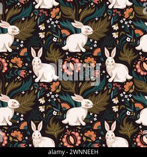 Nahtloses Osterhasen-Muster. Slawische Blumen und wilde Kräuter. Vintage Folklore Illustration. Für Tapeten, Stoff, Verpackung, Hintergrund. Stock Vektor