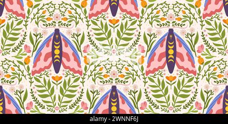 Nahtloses Muster mit skurrilen Motten, Blumen und Blättern. Zartes, volkstümliches Design im Scandi-Stil für den Druck auf Stoff, Geschenkpapier und anderem pur Stock Vektor