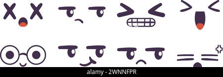 Kawaii-Gesichts, das Emotionen und Stimmungen ausdrückt. Flache handgezeichnete Vektor-Illustrationen im Comic-Manga- oder Anime-Stil. Stock Vektor