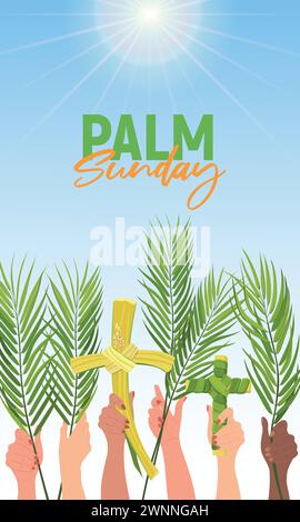Feier des Palmensonntags. Die Hände von Menschen unterschiedlicher Nationalität werden mit Palmenzweigen gegen den blauen Himmel erhoben. Das Konzept der Einheit von Stock Vektor