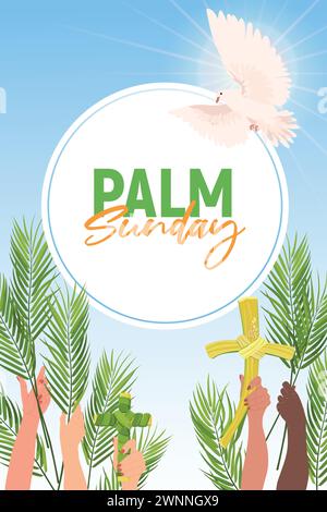 Feier des Palmensonntags. Die Hände von Menschen unterschiedlicher Nationalität werden mit Palmenzweigen gegen den blauen Himmel erhoben. Das Konzept der Einheit von Stock Vektor