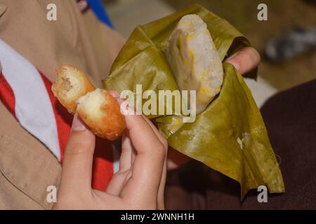 Nahaufnahme einer Person, die Donut in der Hand isst, süßes Essen Stockfoto