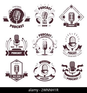 Podcasts Symbole und Embleme mit Vintage-Mikrofon Stock Vektor