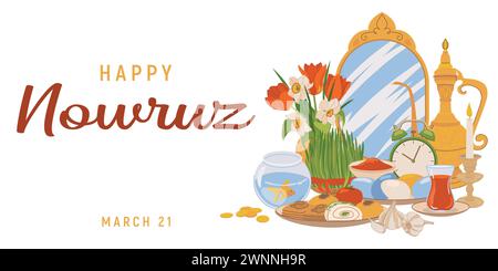 Happy Nowruz Day oder iranisches Neujahr. Illustration mit den Attributen eines religiösen Feiertags, Fisch, Süßigkeiten, Gras, Essig, Uhrmacher, Spiegel, Uhr Stock Vektor