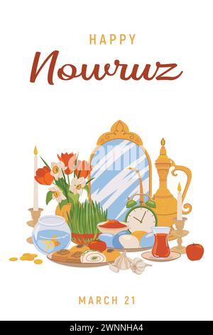 Postkarte mit dem Urlaub Novruz. Hintergrundvorlage Novruz Bayram. Frühlingsblumen, farbige Eier, orientalische Süßigkeiten und Weizensprossen sind das Attribut Stock Vektor