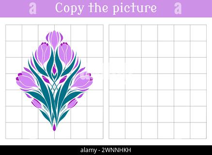 Kopieren Sie das Blumenbild. Lernspiel für Kinder. Zeichnungspraxis. Frühlingsspiel für die Grundschule. Stock Vektor