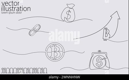 Single Continuous Line Art Bitcoin Kryptowährungssatz. Blockchain modernes Finanzwesen internationales Banking Technologie Konzept Design eine Skizze Umriss dr Stock Vektor