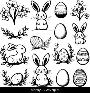 Ein Set mit schwarz-weißen Illustrationen für Osterhasen und Eier. Die Hasen-Illustrationen haben verschiedene Größen und sind im gesamten Bild verstreut. Eier haben auch unterschiedliche Größen Stock Vektor