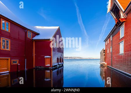 Typischer Hafen oder Fischerhäuser in Skutevik, Skuteviksbodene, an einem kalten, aber sonnigen Wintertag. Typische Häuser am Meer im Norden von bergen, Norwegen. Stockfoto