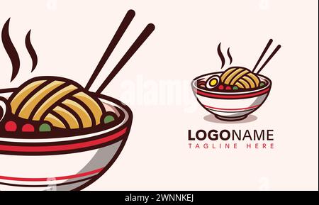 Schüssel mit Nudeln und Suppe mit Gemüse Maskottchen Logo Illustration asiatische Lebensmittel Vorlage Stock Vektor