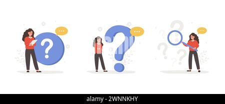 FAQ-Konzept. Frauen stellen Fragen und erhalten Antworten. Kundensupport. Satz von Vektorillustrationen im flachen Cartoon-Stil. Perfekt für das Menü auf der Webseite Stock Vektor