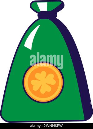 Grüne Tasche voll mit goldenen Glücksmünzen. Traditionelles festliches Element, Attribute von St. Patrick Day. Schatzsuche nach dem fabelhaften Schmetterling. Cartoon V Stock Vektor