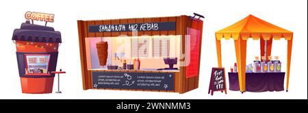 Street Food Stände auf weißem Hintergrund. Vektor-Cartoon-Illustration von Coffee Shop, Kebab Stand, Markise, die Getränke verkauft, Menü Board und GA Stock Vektor