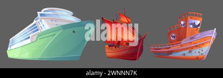 Eine Reihe von Schiffen, die im Hintergrund isoliert sind. Vektor-Karikaturillustration des touristischen Kreuzfahrtschiffs, Vintage-Segelboot mit roten Segeln, beschädigtes Fischerboot versenkt Stock Vektor