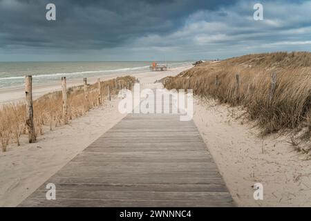 Strandlandschaft, Sand und Meer unter dunkelgrauen Wolken am Himmel, Dünen oder Deich entlang der niederländischen Nordseeküste zwischen Petten und Callantsoog i Stockfoto