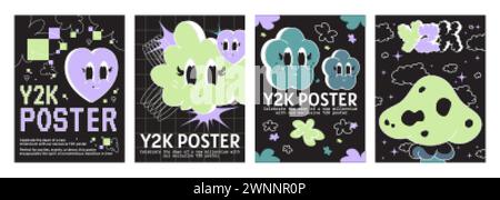 Y2K Vibe groovige Poster mit Herz, Pilz, Blume, Wolkenform Emoji. Vektor-Cartoon-Illustration von Retro futuristischen Fliegern, nette Smileys mit Auge Stock Vektor