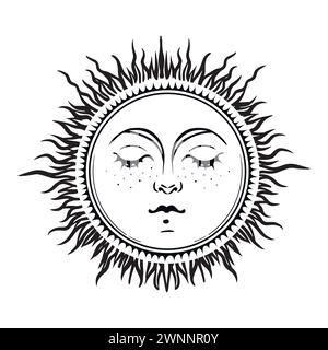 Magische Sonne mit Gesicht und Strahlen, boho himmlisches Astrologie-Logo, Sternzeichen-Tattoo, Tarot-Symbol. Magische Hand gezeichnete Vektorillustration isoliert auf weißem Hintergrund Stock Vektor