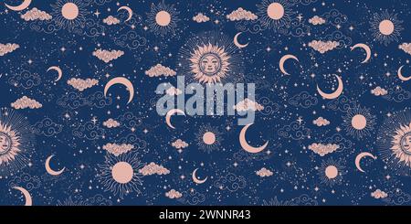 Sonne mit Gesicht, Wolken und Sternen, nahtloses Himmelsmuster für Stoff, mystische Astrologie Hintergrund, Horoskop Vektor Ornament. Zodiac-Banner für te Stock Vektor