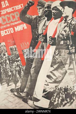 Vintage Russian Propaganda Poster: Long lebe the UdSSR, von Gustav Klutsis (lettisch: Gustav Klucis) Lithografie in Farben, 1931, Stockfoto