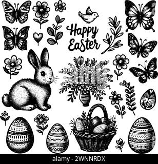 Ein Schwarzweiß, das Osterblumen, Schmetterlinge und ein Kaninchen zeichnet. Blumen und Schmetterlinge sind in einem Korb angeordnet, und Kaninchen sitzt im Vordergrund. Die Szene ist fröhlich und festlich Stock Vektor