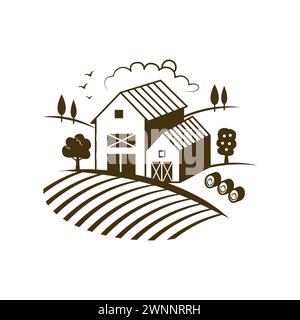 Ländliche Retro-Landschaft mit Bauernhaus und Heuscheune auf Bauernhoffeldern Vektorillustration Stock Vektor