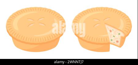 Zeichentrickfilm Chicken Pot Pie Zeichnung. Traditioneller Kuchen mit Hühnchen- und Gemüsefüllung, ganz und geschnitten. Illustration isolierter Vektorgrafik. Stock Vektor