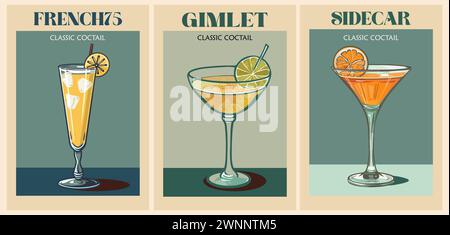 Cocktails Retro-Plakate mit Vektorgrafiken. Stock Vektor