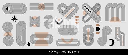 Boho zen arch set. Minimal simple linear figures, editable strokes and moon in trendy bohemian style. Contemporary abstract black geometric balance shapes. Aesthetic design stripes line shape. Stock Vektor