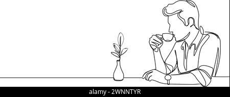 Ununterbrochene Einzelzeilenzeichnung des Mannes, der Tasse Espresso-Kaffee trinkt, Linie Art Vektor Illustration Stock Vektor