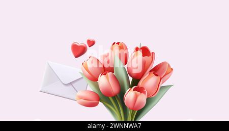 Grußbanner für den glücklichen Valentinstag mit realistischem Umschlag und Tulpen im Herzen. Vektor-Rendering-Illustration Stock Vektor