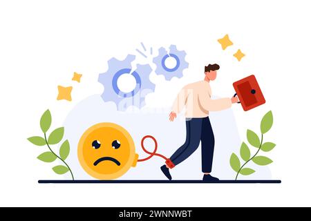 SWOT-Analyse, Einblick in Schwächen und Nachteile des Unternehmens bei der Planung der Geschäftsstrategie. Winziger Geschäftsmann mit Aktenkoffer, der großes Gewicht mit Bemühungen zieht Karikaturvektor Illustration Stock Vektor