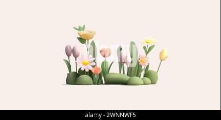 3D-Illustration von Frühlingsblumen auf Grasfeld, Gänseblümchen und Tulpen auf grünem Gras. Cartoon-Rendering-Illustration im modernen Stil Stock Vektor