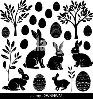 Eine Sammlung von schwarz-weißen Osterhasen- und Eierillustrationen. Kaninchen sitzen und stehen in verschiedenen Positionen, während die Eier um sie herum verstreut sind. Die Szene ist verspielt und festlich Stock Vektor