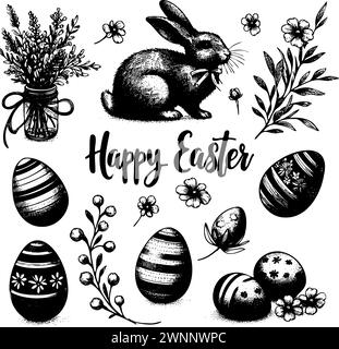 Ein schwarz-weißes Zeichenkaninchen, das vor einer Vase voller Blumen und einem Haufen Ostereier sitzt. Die Zeichnung trägt den Titel „Happy Easter“ und vermittelt ein Gefühl von Freude und Feier Stock Vektor