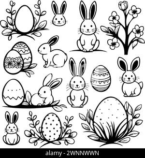 Eine Sammlung von Osterhasen-Zeichnungen. Kaninchen sitzen auf Eiern und Blumen. Die Szene ist fröhlich und festlich Stock Vektor
