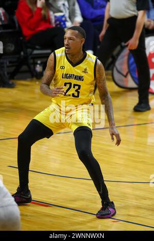 London, Kanada. März 2024. Der Windsor Express besiegt den London Lightning 100-95 in Reglement. Billy White (23) des London Lightning. Quelle: Luke Durda/Alamy Live News Stockfoto