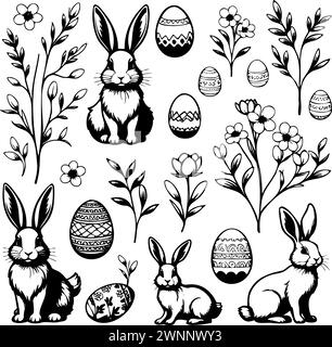 Eine Sammlung von Schwarzweißzeichnungen von Kaninchen und Eiern. Kaninchen sitzen und stehen in verschiedenen Positionen, während Eier um sie herum verstreut sind. Die Szene ist verspielt und skurril Stock Vektor