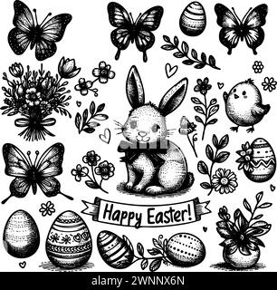 Ein schwarz-weiß zeichnendes Kaninchen sitzt auf einem Feld mit Blumen und Schmetterlingen. Das Kaninchen trägt eine Schleife und die Blumen sind in der Vase. Die Zeichnung trägt den Titel Happy Easter Stock Vektor