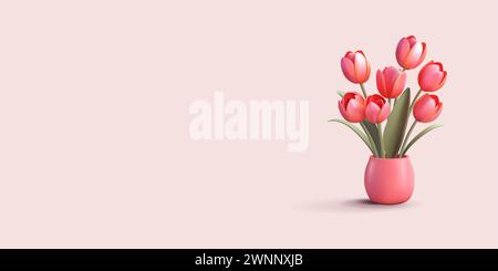 Tulpenstrauß in einem Topf mit grünen Blättern. Realistische 3D-Renderkomposition in rosa Farben Stock Vektor